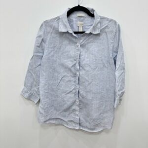 Chico’s NO-IRON Linen Striped Casual button down blue white stripe ladies blouse